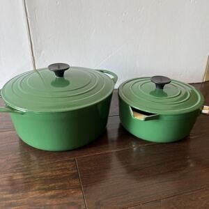VTG Cousances Le Creuset Green Cast Iron 22 & 18 Set Dutch Oven 3.5 & 1.75 Qt